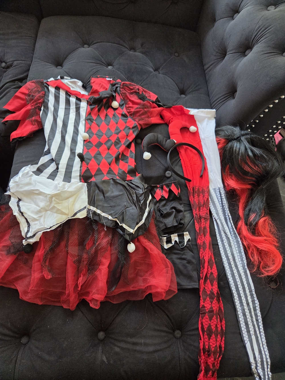 Spirit Red &Black Harlequin Costume w/ Wig, Tights, Headband & Armwarmers